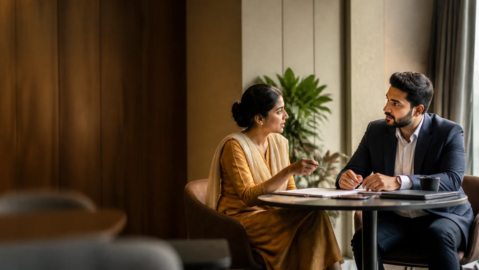 An employer and recruitment consultant discussing hiring needs