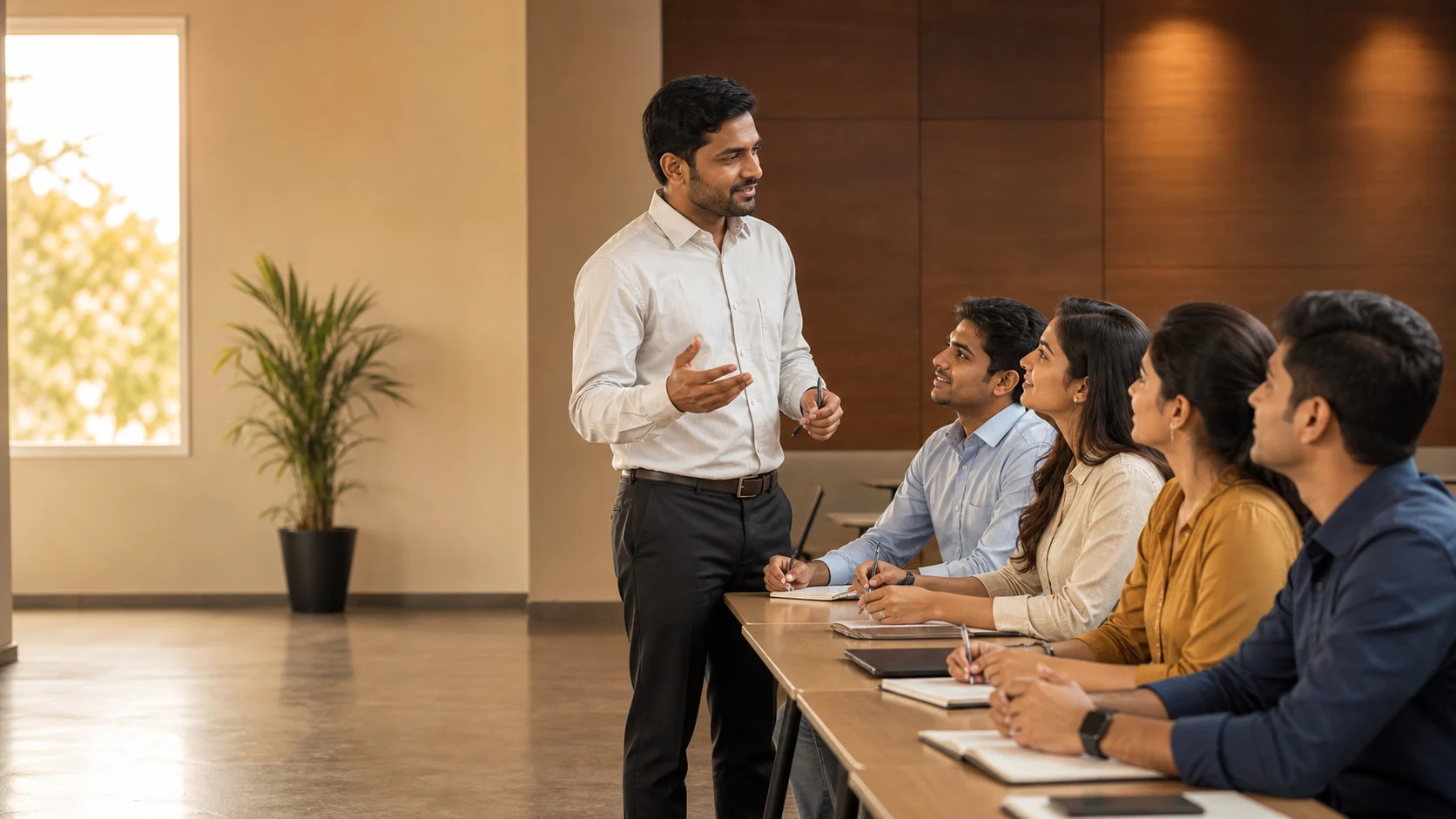 A trainer guiding early-career candidates in a practical session