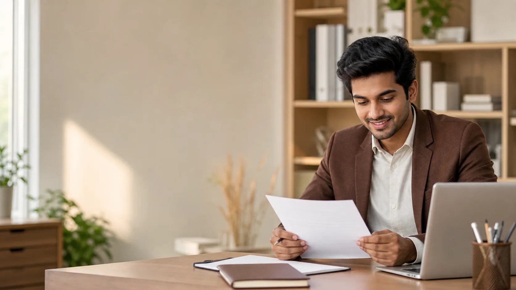 A professional reviewing a career opportunity at a desk